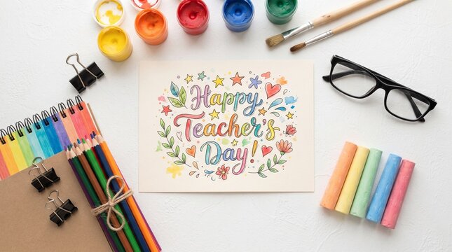 arrangement celebrating Teacher's Day, showcasing colorful paints, chalks, a rainbow notepad, and a hand-lettered greeting card on a clean white wooden table.