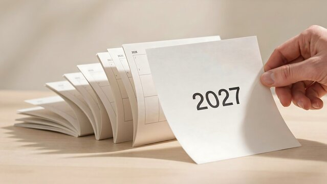 A hand turning the final page of a desk calendar to show the year 2027, representing the end of one period and the start of a new future year