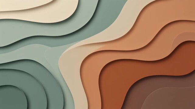 Abstract topographic paper cut background with layered wavy curves in earthy terracotta and sage green tones