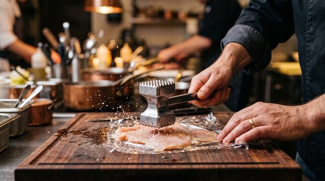 Chef using a meat tenderizer mallet on chicken breast on a wooden cutting board with kitchen mallet chef hands meat preparation cooking process kitchen action