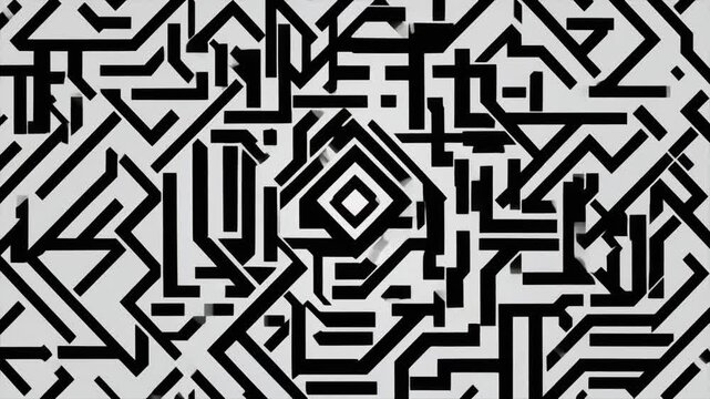 Abstract black and white geometric pattern featuring complex labyrinth lines and futuristic cyber elements