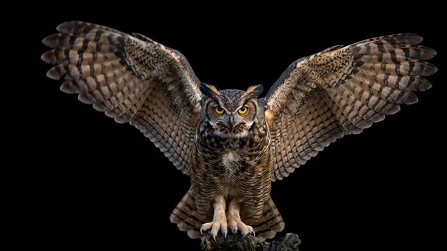 owl with open wings close up isolated on black background video