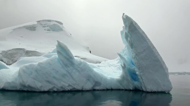 Sharp Fin-Shaped Iceberg Rising From Calm Water. A dramatic triangular slab of white-blue ice stands above the sea beside a lower frozen mass, creating a strong angular silhouette against snow.