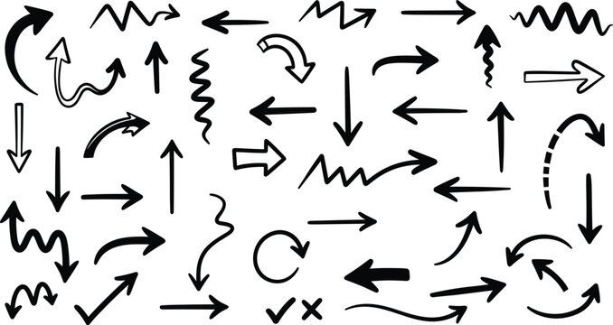 Set of diverse hand drawn arrow icons in multiple styles for creative project layouts.
