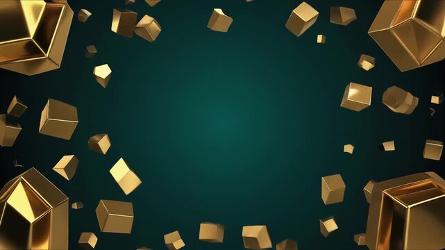 Luxurious 3D golden cubes floating on a dark green background, creating an elegant abstract frame for celebratory designs