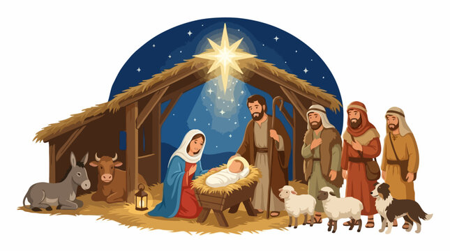 A Nativity scene depicts the birth of baby Jesus in a stable, surrounded by Mary, Joseph, shepherds, animals, and a star overhead
