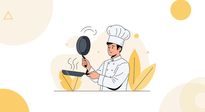 Male chef cooking with pans, modern flat illustration with abstract shapes and warm color palette