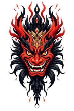 Japanese Demon Mask (Oni/Hannya) with Fire and Black Feathers