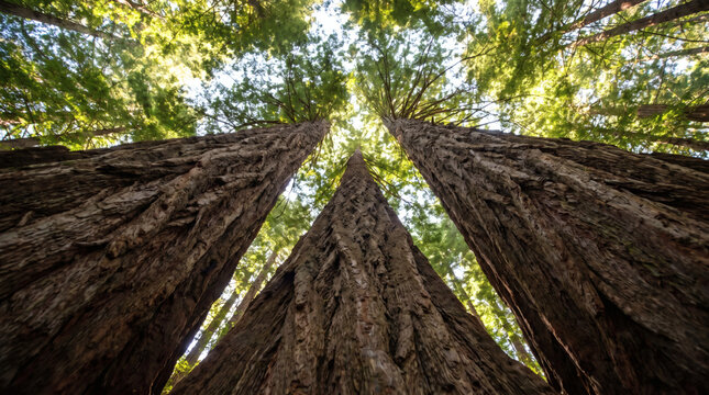 Low angle view of giant redwood trees stretching toward the sky