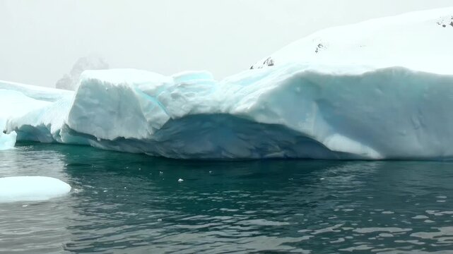 Long Low Iceberg Floating Beside Snowy Coastal Terrain. A broad white-blue ice formation stretches across dark water, with a smooth snow-covered upper surface and distant frozen land behind it.