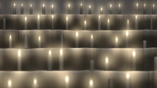 Rows of Glowing Candles on Stone Steps at Night, Sideways Camera Pan With Depth Parallax, Seamless Loop in cool ivory tones
