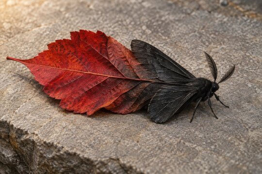 Red autumn leaf merging into the wings of a black moth on a pale stone surface for a surreal botanical metamorphosis and change illustration