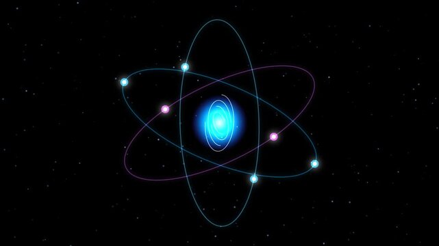 Glowing quantum atom structure with orbiting electrons in deep space background with stars
