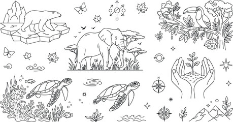 Fototapeta premium Global biodiversity ecosystem line art illustration set featuring polar bear elephant sea turtle toucan and caring hands sprout