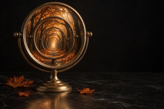 Round antique mirror opening into repeating arches of autumn forest on a dark tabletop for a surreal infinite path and reflection concept