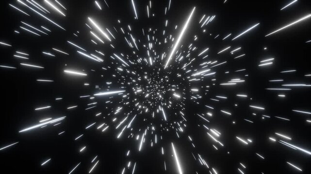 シルバーの発光粒子がワープトンネルを高速で駆け抜ける10秒4Kループ動画。企業映像やテクノロジー広告、イベント演出に最適なシネマティック素材