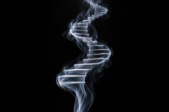 White smoke forming a floating spiral staircase against a deep black background for a surreal concept of ascent and uncertain possibilities