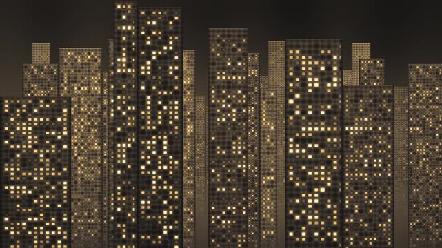Reverse Pan Across Glowing Tower Windows At Night, Counter Panning Parallax City Layers, Seamless Loop in vibrant sodium tones