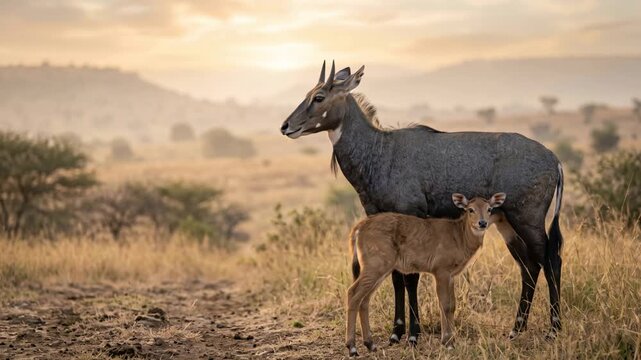 nilgai with calf close up at morning light in sariska tiger reserve rajasthan india video