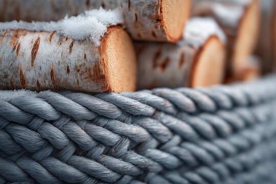 Firewood stacked in woven basket, sharp textures of bark, pale dusting of snow