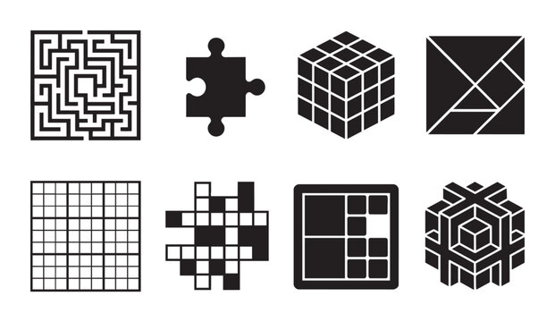 Abstract Geometric Puzzles, Logic Challenges, Problem Solving Icons, Vector Shapes