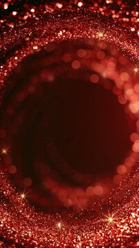 Red glitter background with circular bokeh effect and sparkling light particles, festive holiday texture