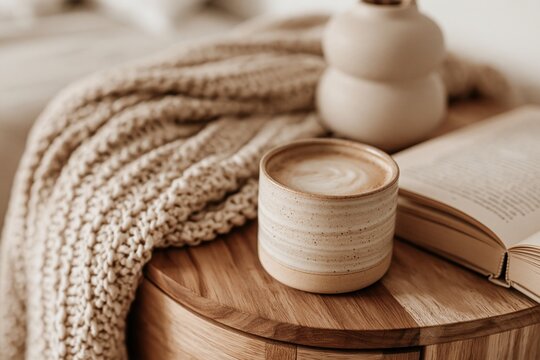 Steaming latte in ceramic cup on wooden nightstand, cozy reading time in bedroom with knitted blanket and open book