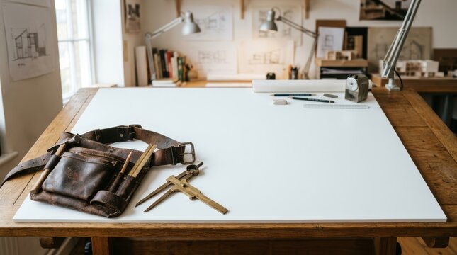 Leather tool pouch and drafting tools on a wooden drafting table in a bright workspace