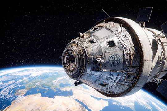 A realistic space capsule module orbiting planet Earth in deep space