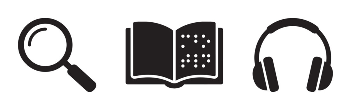 Magnifying Glass, Braille Book, Headphones Icons: Search, Read, Listen Symbols