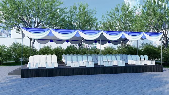 Smooth panning view of an empty blue and white event tent with covered chairs on a raised outdoor VIP grandstand in a landscaped urban setting, realistic 3D animation.