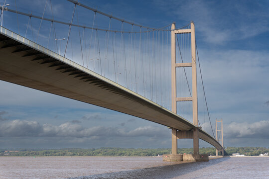 Underside view of the Humber Bridge structure crossing the river