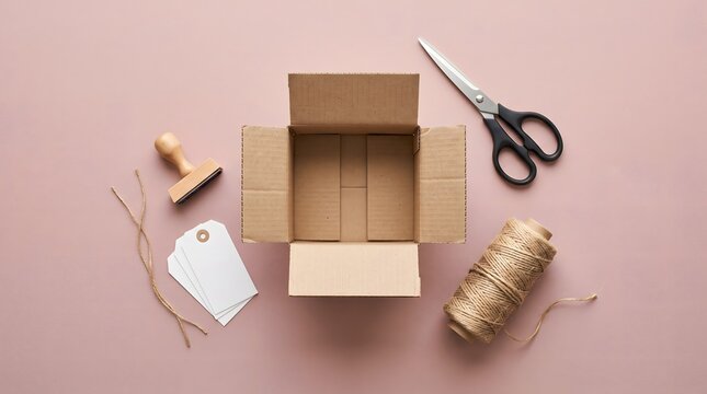 Open cardboard box with scissors twine and shipping labels on a pink background.
