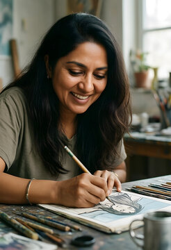 Creativity and artistic expression, smiling woman drawing in a sketchbook with pencils in a bright home art studio for hobby and mental wellness