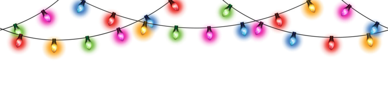 Realistic glowing colorful hanging decorative christmas lights in seamless pattern