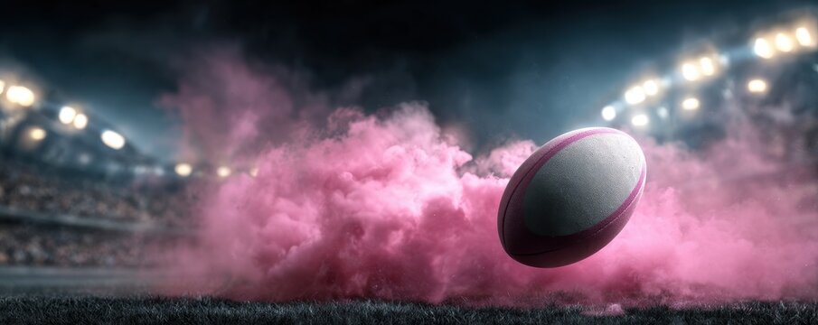 American football ball flying through the air surrounded by vibrant pink smoke inside a stadium at night under bright stadium lights