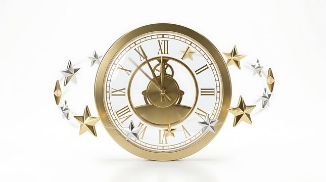 Elegant gold mantel clock with floating star decorations on white background.