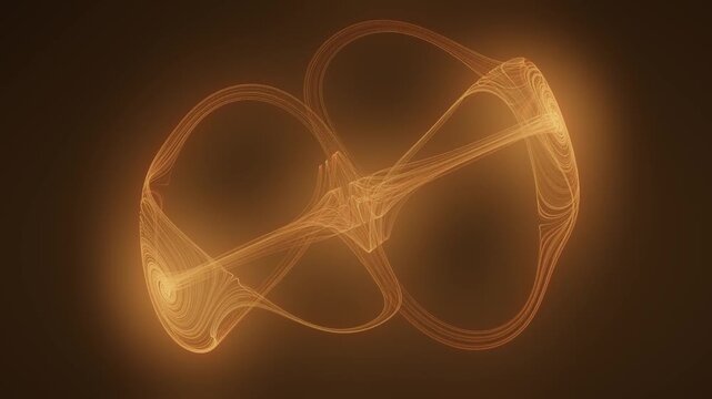 Chaotic Strange Attractor Light Trails Flowing Through Rotating 3D Phase Space seamless loop in bright amber tones