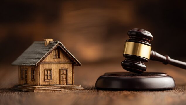 A wooden model house placed next to a judges gavel on a dark wooden table representing real estate law and property litigation