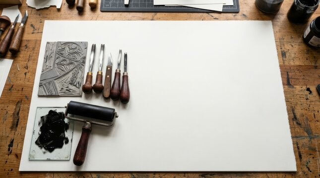 Overhead view of printmaking tools and carved block on work surface with beside carved design