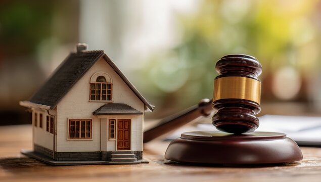 A wooden gavel resting next to a miniature house model on a wooden table representing real estate law and property litigation concepts
