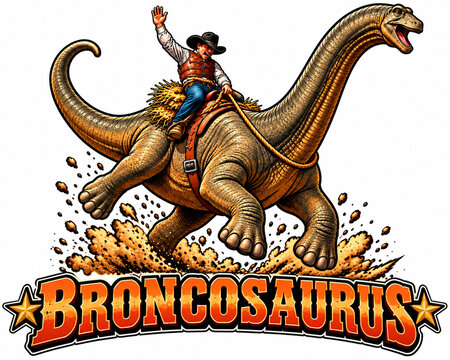 Broncosaurus humorous cowboy riding dinosaur illustration