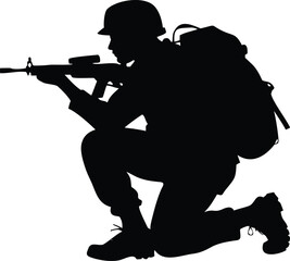 Obraz premium Silhouette of a soldier kneeling while aiming a rifle with a large military backpack on white background