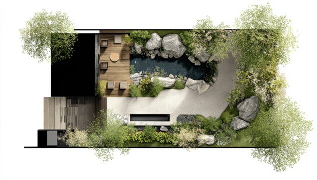 Top down architectural plan view of a modern residential garden design featuring a swimming pool lounge area and lush tropical landscaping elements