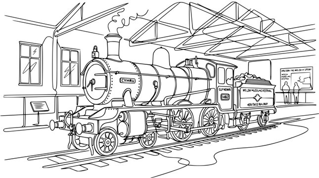 Vintage Steam Locomotive Isolated Black and White Drawing