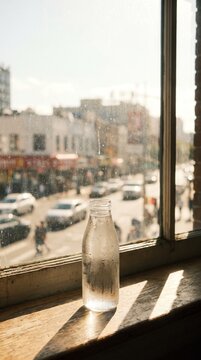 Cold water bottle covered in condensation on a sunlit windowsill overlooking a busy city street