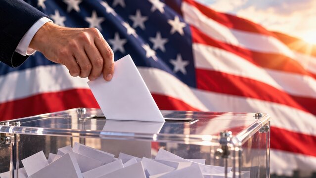 American Voter Placing Ballot into Transparent Election Box Against United States Flag at Sunset
