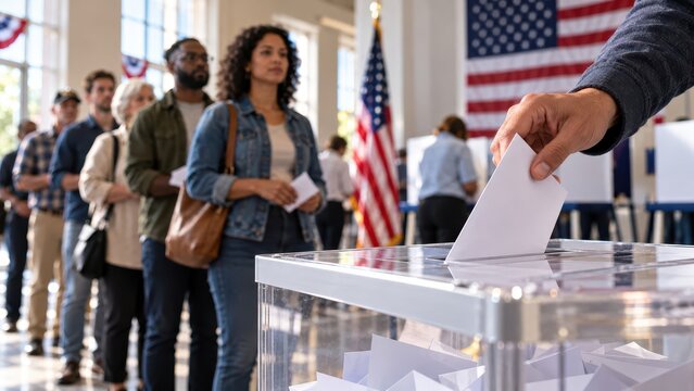 American Voters Waiting in Line as Ballot Is Cast at United States Election Polling Station