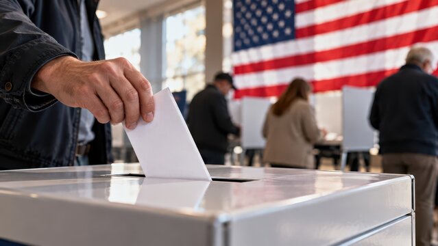 American Voter Casting Ballot at Polling Station with United States Flag During Democratic Election