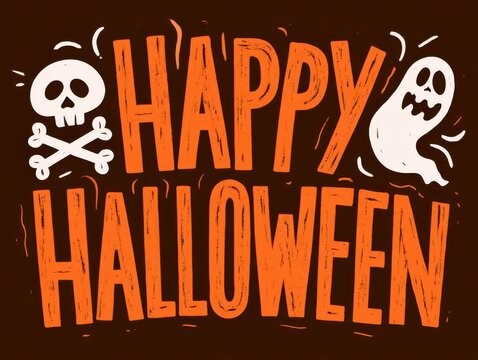 Happy halloween greeting with skull and ghost illustration
